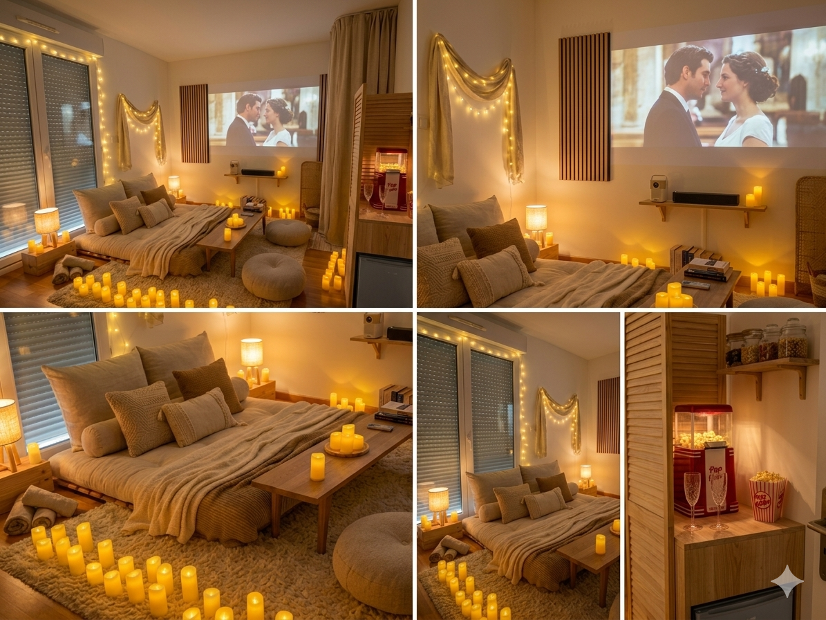 Chambre cocon cinéma romantique avec bougies et projection